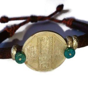 Peruvian bracelet with coin of collection Raymondy Stela and leather and macrame